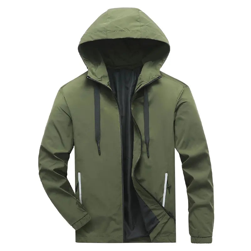Men's Standard Lightweight Stylish Plain Polyester Hooded Windbreaker Jacket - Menswear Tops, Long Sleeve, Water-Resistant, Full-Zip, Reflective Zipper Pockets, Casual Coat for Outdoor Hiking, Daily Wear