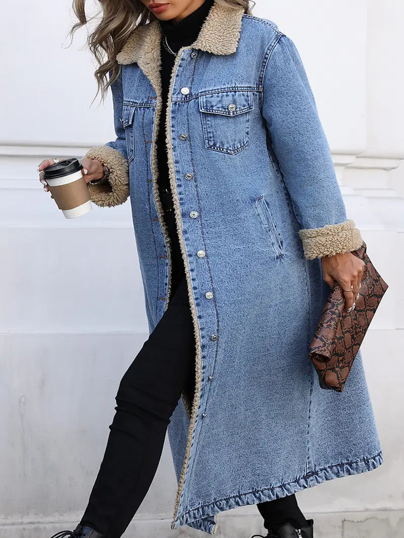 Women's Fall and Winter Casual Loose-Fit Long Jacket, Elegant Turn-Down Collar Warm-Lined Denim Coat for Plus-Size Women
