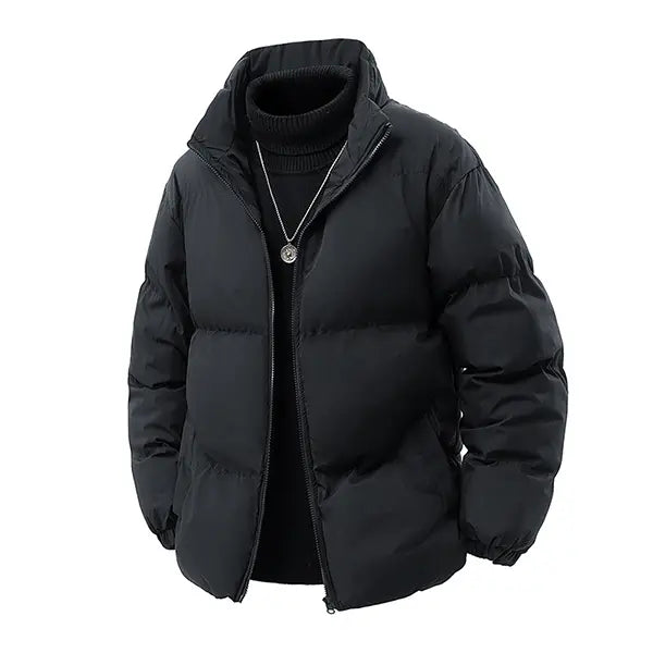 Men’s Black Stand-Collar Long-Sleeves Thick Insulated Woven Sports Jacket, Zipper Closure, Loose Fit - Ideal for Autumn/Winter Everyday Commuting