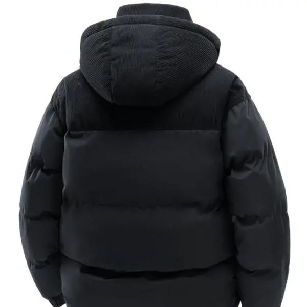 Men's Casual Thick Hooded Down Jacket, Polyester Fiber Filled, Winter Color Block Design, Long Sleeve Detachable Hat, Warm Outerwear, Coats