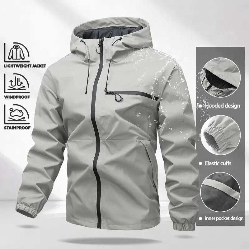Unisex all-weather waterproof windproof jacket | Lightweight outerwear with a hood and adjustable brim, suitable for hiking and everyday wear, with adjustable cuffs—ideal for hiking and commuting