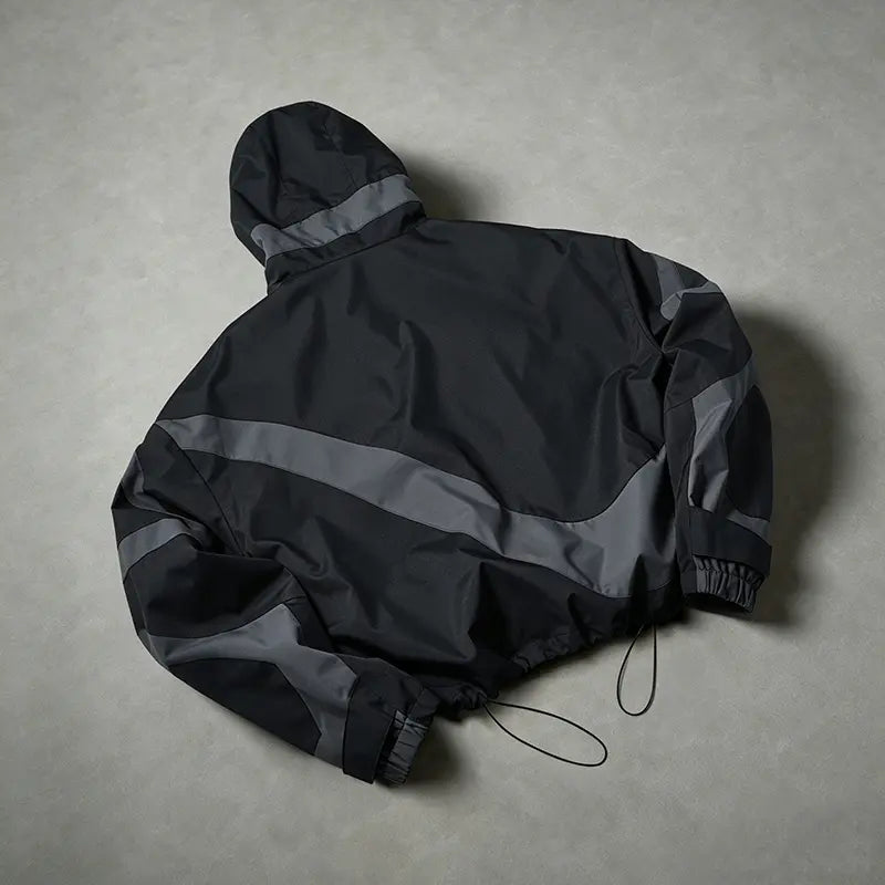 Men's Color-Block Patchwork Tiered Layer Polyester Windbreaker - Hooded Waterproof Medium-Length Zip-Up Jacket for Hiking, Commuting, Polyester Clothes, Machine Washable