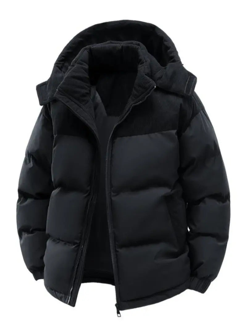 Men's Casual Thick Hooded Down Jacket, Polyester Fiber Filled, Winter Color Block Design, Long Sleeve Detachable Hat, Warm Outerwear, Coats