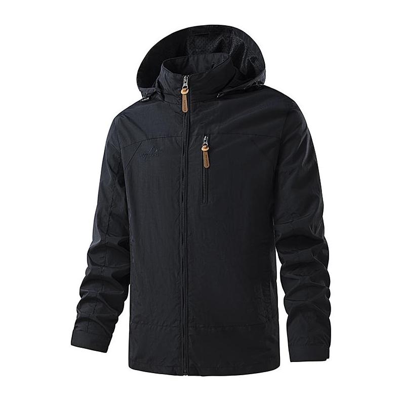 Men's Polyester Plain Full-Zip Water-Resistant Windbreaker Jacket with Hood, Lightweight Outdoor Shell Coat for Hiking, Daily Outdoor Wear