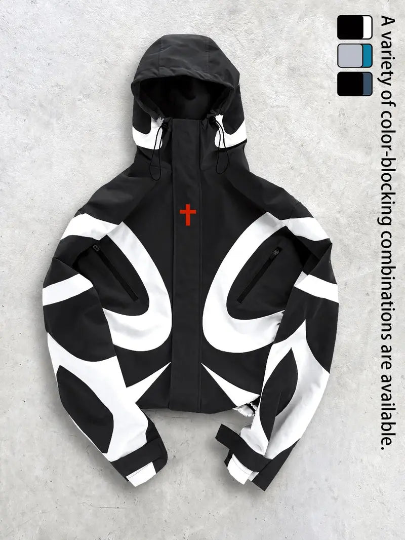 Men's Baggy Cross-Print Hooded Zip-Up Techwear Windbreaker Jacket - Textured Woven Fabric, Waterproof, Long-Sleeve, Lightweight, Unisex Fit, Patchwork, Outdoor/Party/New Year Wear, Biker Streetwear Work Top