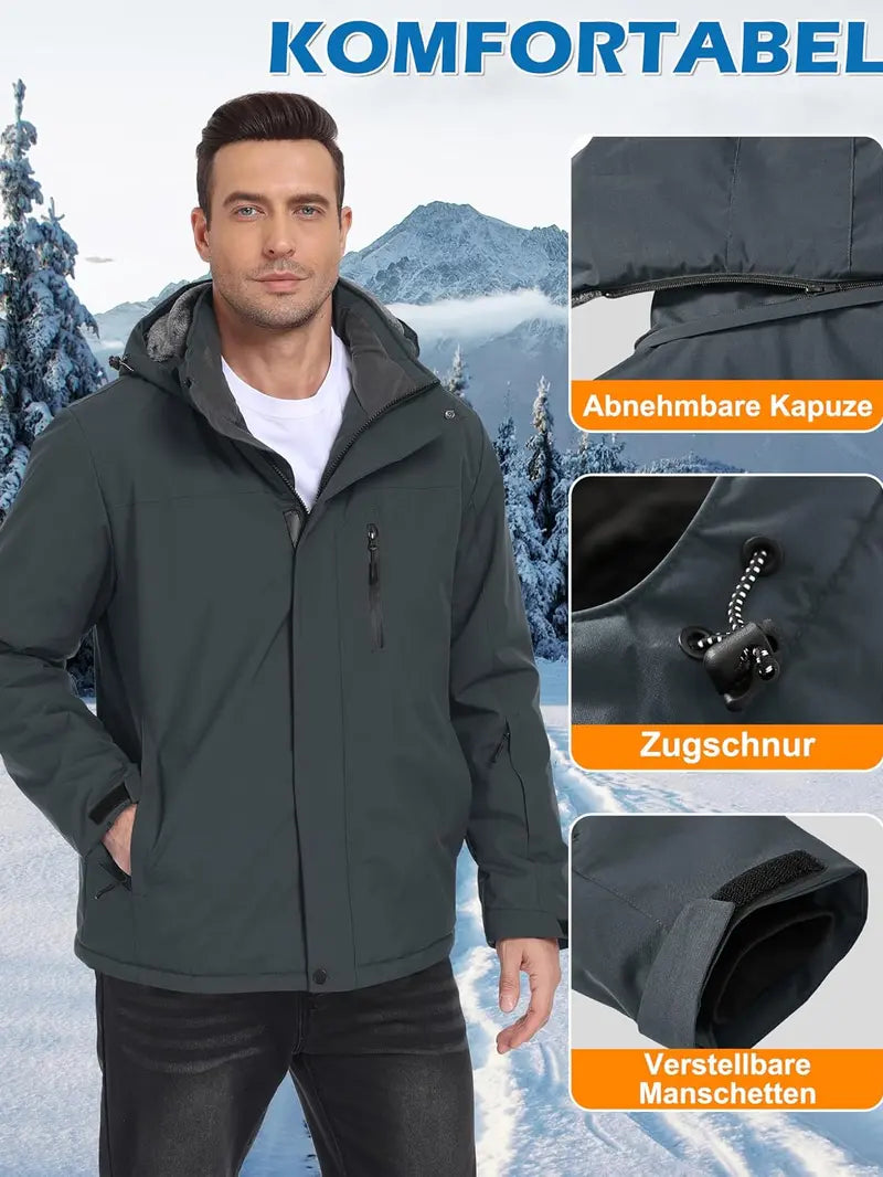 Zoofly Men's Waterproof Zip-Up Insulated Fleece Layered Ski Jacket with Hood, Polyester Shell, Outdoor Pockets, Insulated Hiking Jacket for Winter Outdoor Activities