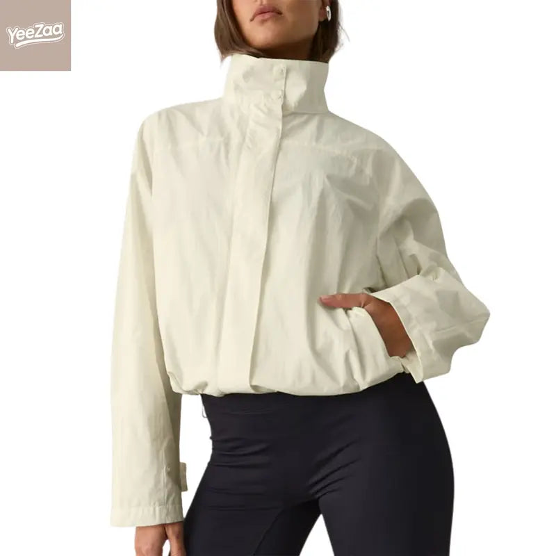 YeeZaa Windbreaker Jacket for Women 2026 Trendy Fall Winter Vintage Oversized Turtleneck Trench Coat Zip Up Cropped Lightweight Casual Jackets with Pockets Sport Workout Outdoor Hiking Outerwear