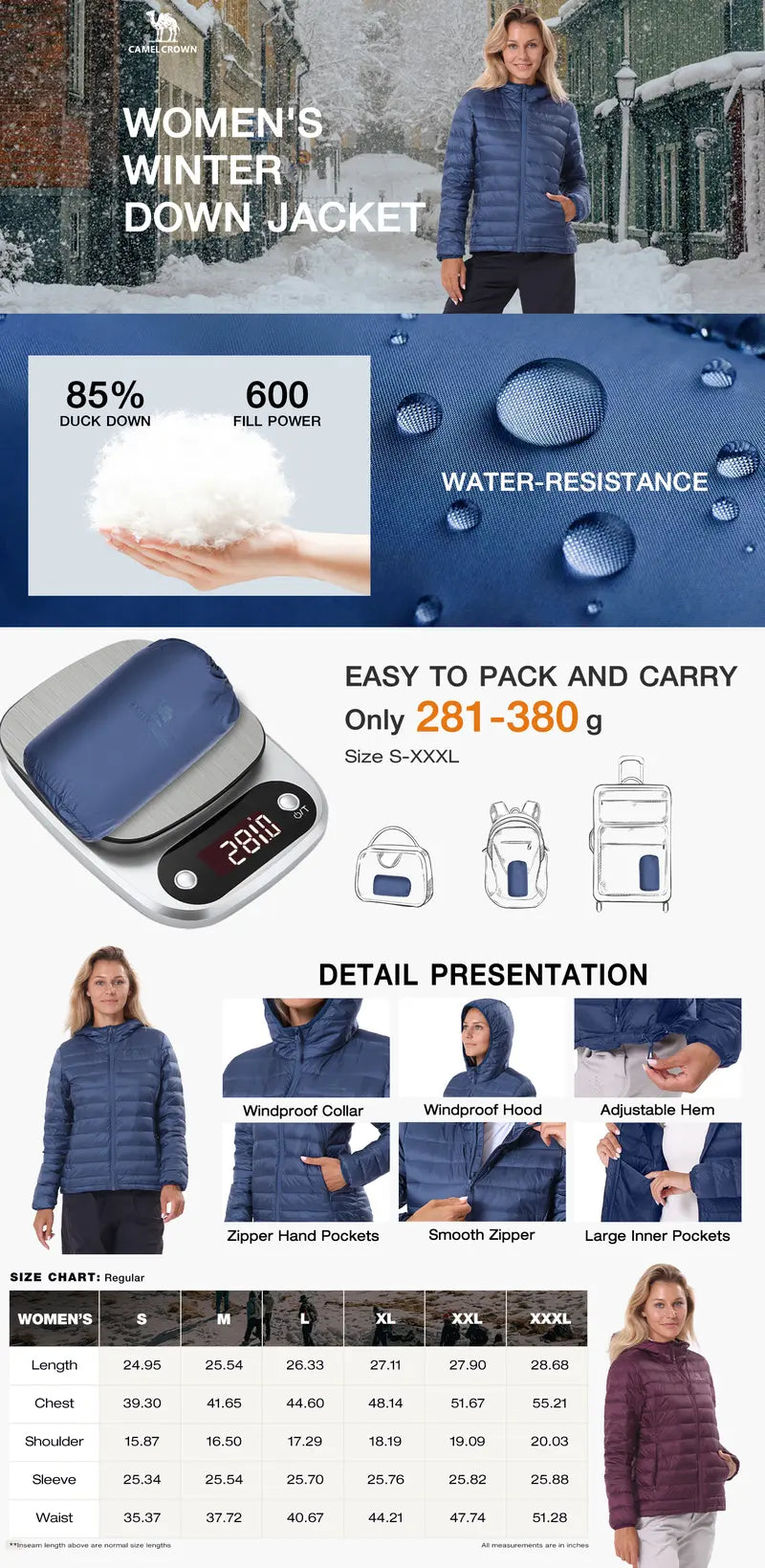 CAMEL Women's Ultra-Light Portable Down Jacket | 85% Duck Down Filling | Waterproof and Windproof | Foldable for Storage | Versatile for Various Occasions