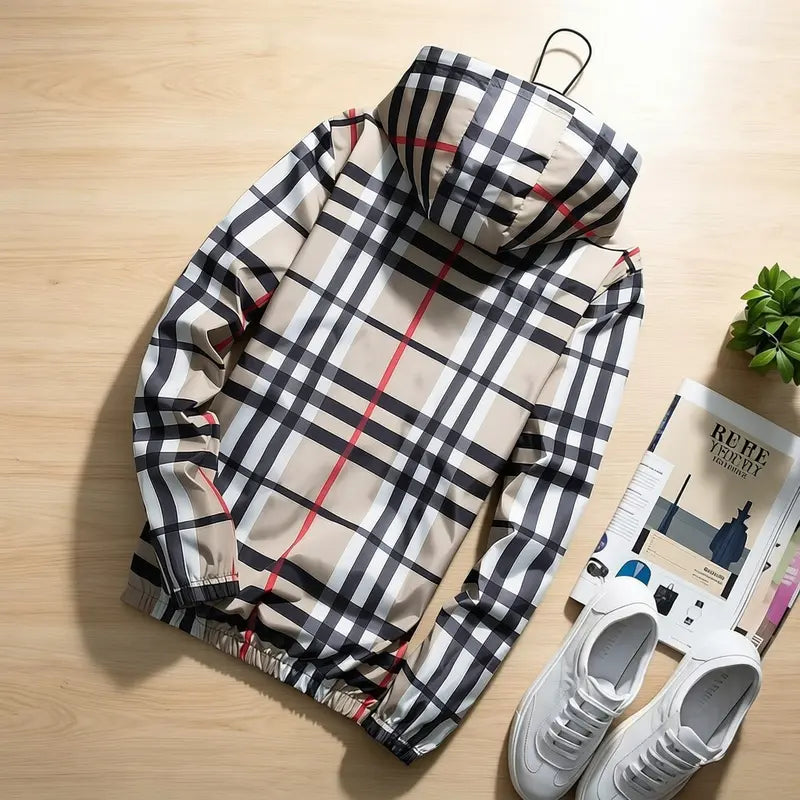 Men’s Spring Fall Lightweight Hooded Jacket, Zip-Up Windbreaker with Adjustable Drawstring, Stand Collar Option, Contrast Stripe Detail, Casual Plaid Outerwear in Khaki
