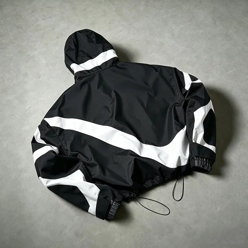 Men's Color-Block Patchwork Tiered Layer Polyester Windbreaker - Hooded Waterproof Medium-Length Zip-Up Jacket for Hiking, Commuting, Polyester Clothes, Machine Washable