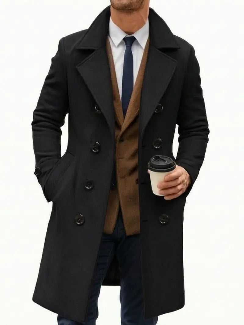 Men’s long trench coat jacket with notched lapel collar, double-breasted design, slim fit, classic mid-length overcoat