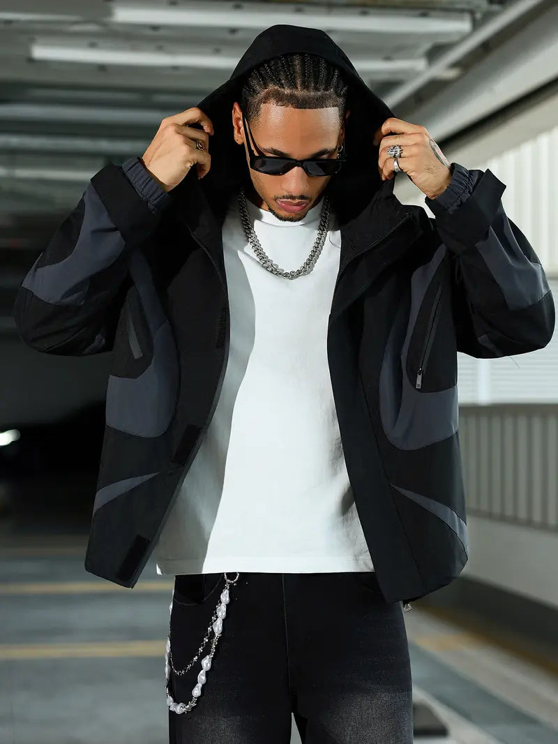 Men’s color-block hooded windproof jacket — loose street-style hoodie, lightweight casual outerwear with zippered pockets