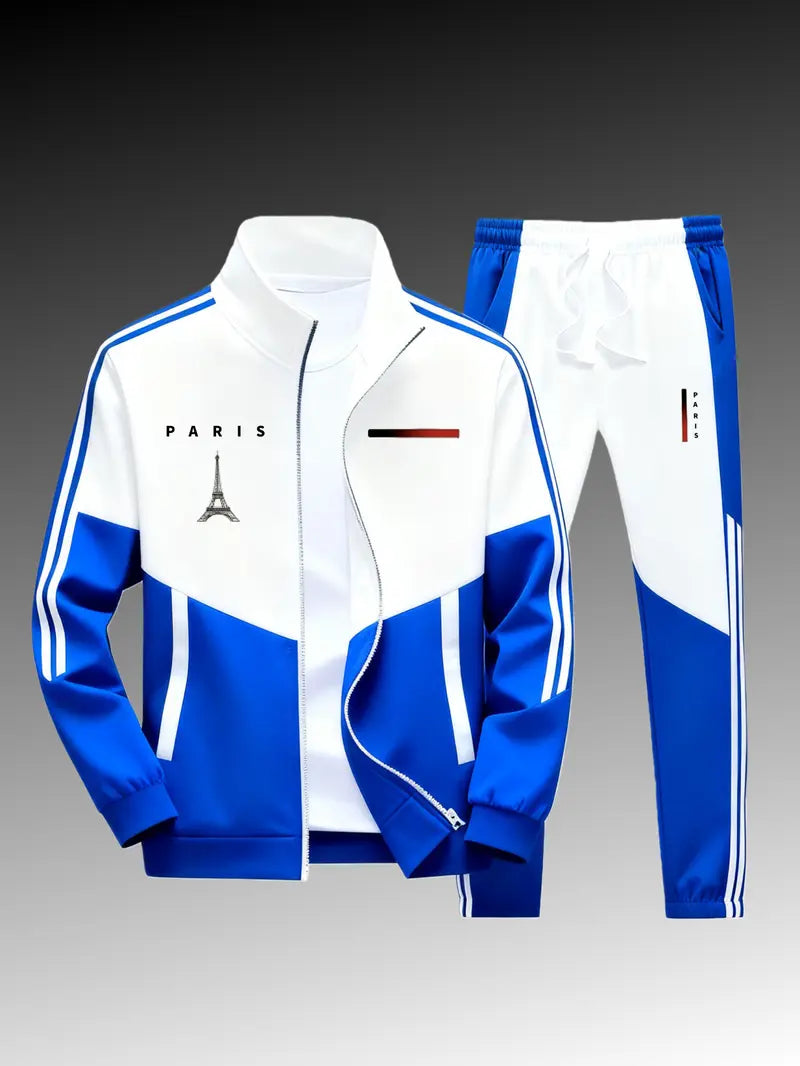 Men's 2-Piece Paris Logo Sportswear Set - Sports Outerwear Jacket & Jogging Pants, Geometric Print, Stand-Up Collar, Zipper Closure, Color-Matching Design, All-Season Streetwear Fashion Apparel Clothes Suits