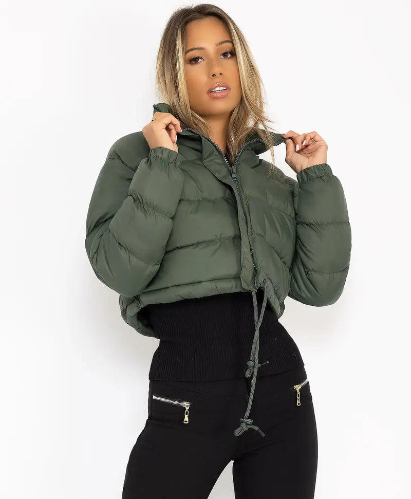 BIGWIG women's short down jacket, zipper thickened quilted short coat, drawstring winter down jacket, autumn and winter cotton jacket, windproof, waterproof and cold-proof cotton jacket, puffer jacket, fashionable zipper stand collar