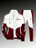 Men's 2-Piece Paris Logo Sportswear Set - Sports Outerwear Jacket & Jogging Pants, Geometric Print, Stand-Up Collar, Zipper Closure, Color-Matching Design, All-Season Streetwear Fashion Apparel Clothes Suits