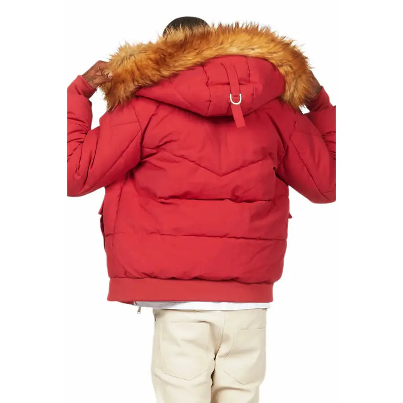 Langston Red Puffer Jacket with Fur Hood