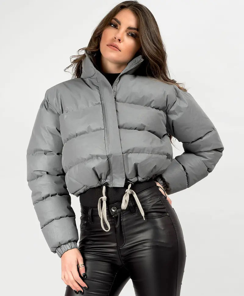 BIGWIG women's short down jacket, zipper thickened quilted short coat, drawstring winter down jacket, autumn and winter cotton jacket, windproof, waterproof and cold-proof cotton jacket, puffer jacket, fashionable zipper stand collar