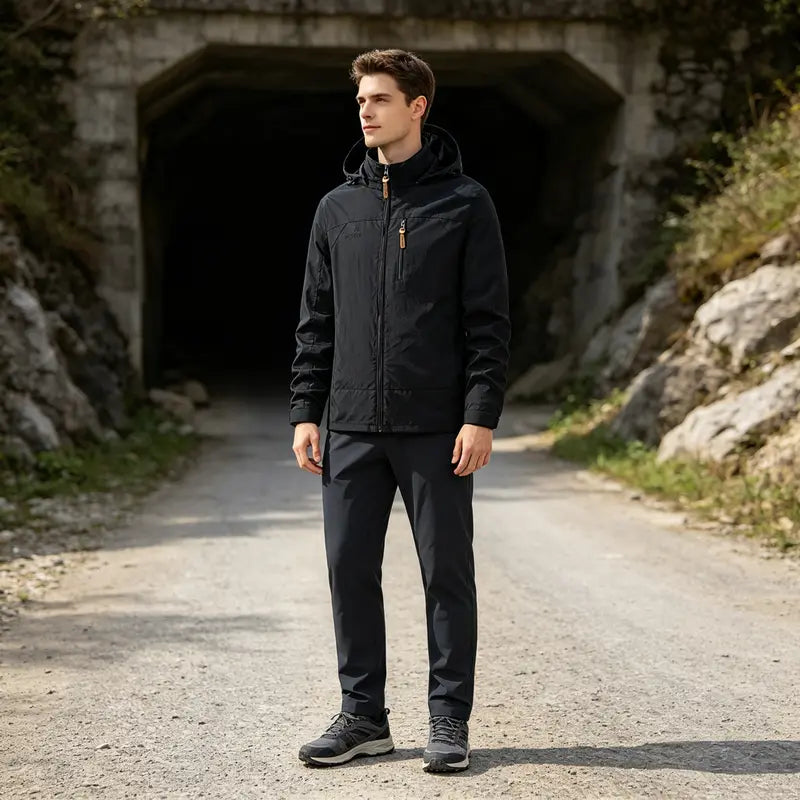 Men's Polyester Plain Full-Zip Water-Resistant Windbreaker Jacket with Hood, Lightweight Outdoor Shell Coat for Hiking, Daily Outdoor Wear