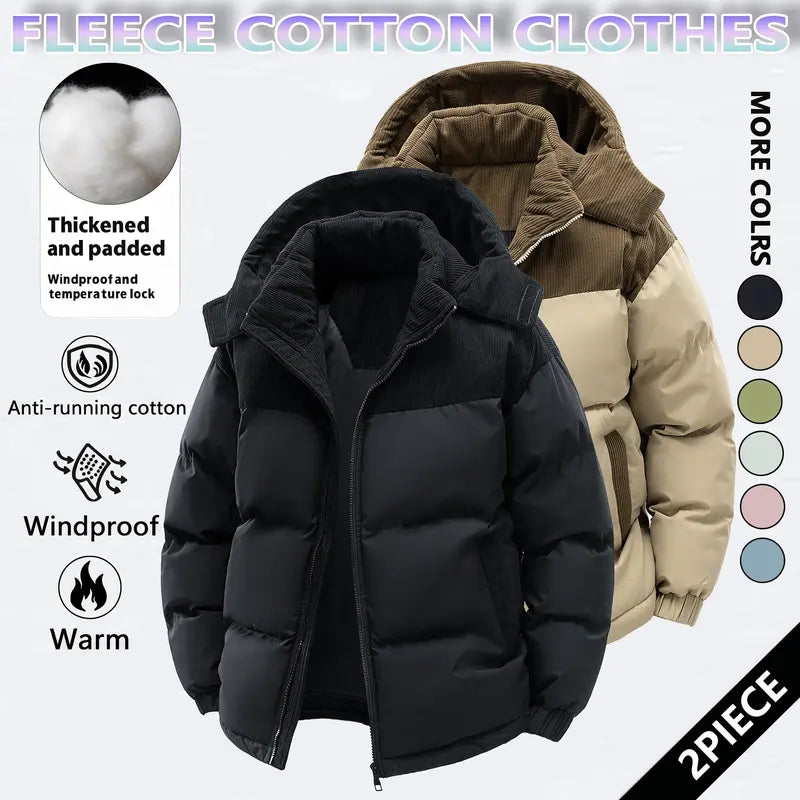 Men's Cotton Winter Coat Hooded Fleece-Lined Color-Block Jacket Casual Everyday Outerwear, Removable Hood, Windproof Padding, Thick Insulated, Anti-Running Cotton, Easy to Pair - Couples Style