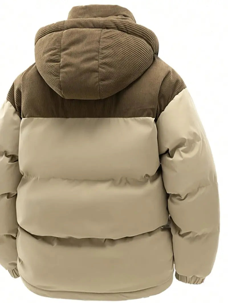 ColorArea men’s retro fleece-lined hooded winter jacket with detachable hood, color-block design, couples’ style long-sleeve khaki outerwear jacket