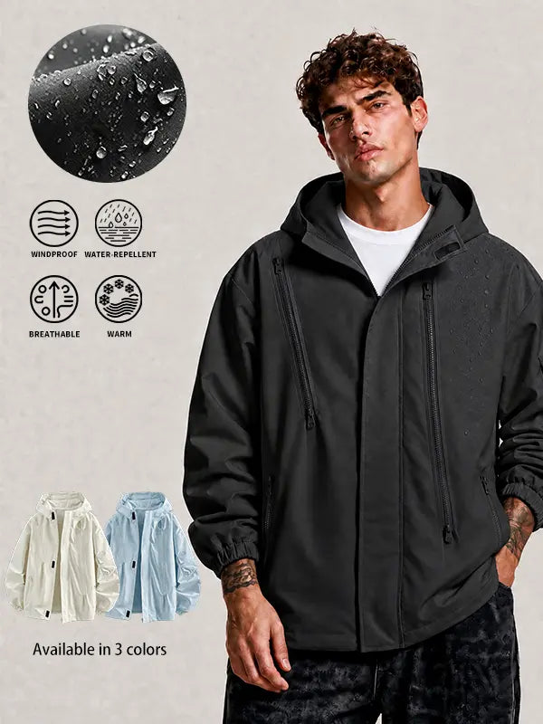 Men’s hooded windbreaker jacket, water-resistant fabric loose cargo outerwear with multiple zippered pockets, everyday outdoor casual top