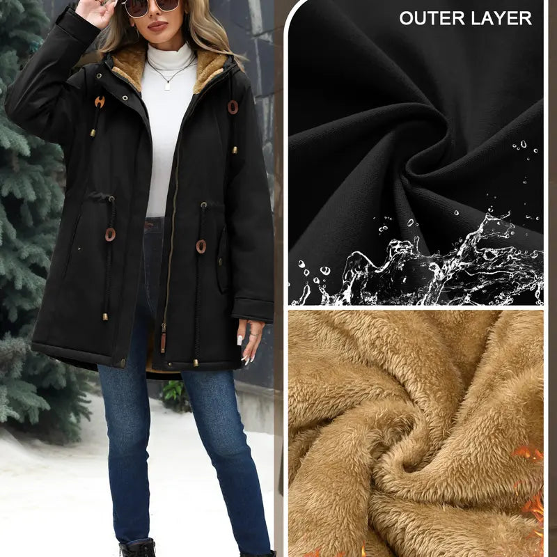 Parka Jacket Women Waterproof Fleece Lined Hooded Warm Winter Coat with Pockets for Daily Commute & Outdoor