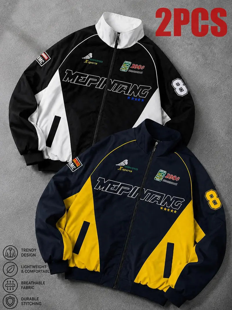 Men’s Thin Windproof Polyester Casual Racing Jacket - Lightweight, Embroidered Fashion Pattern Outerwear, Breathable Sporty Active Urban Moto Men's Jacket, Unisex All-Season Coat, Breathable Jacket
