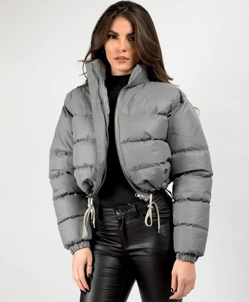BIGWIG women's short down jacket, zipper thickened quilted short coat, drawstring winter down jacket, autumn and winter cotton jacket, windproof, waterproof and cold-proof cotton jacket, puffer jacket, fashionable zipper stand collar