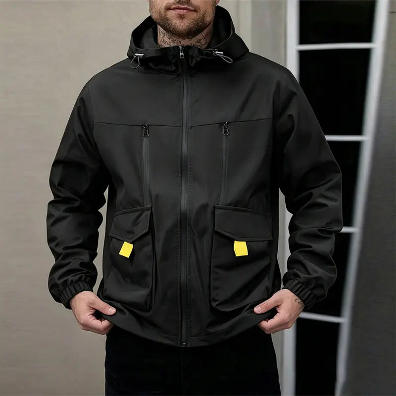 Men's Black Hooded Windbreaker Coat - Menswear Tops, Multi-Pocket Design with Yellow Contrast Tabs, Drawstring Adjustable Hood, Elastic Cuffs & Hem, Water-Repellent Fabric, Full Zip, Plain, Machine Wash for Spring Autumn Urban Street Casual Outfits