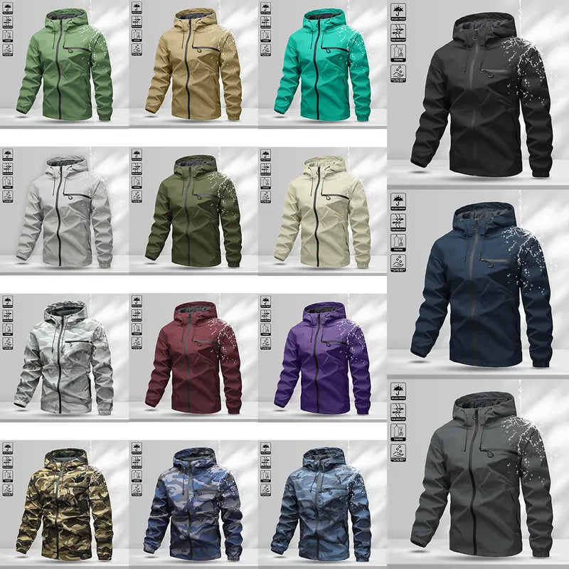 Men’s softshell lightweight windproof hooded jacket with drawstring design, sporty casual style, large front pocket, side zip closure, suitable for spring and autumn, back to school season outfits, long sleeve version ideal for outdoor wear in spring