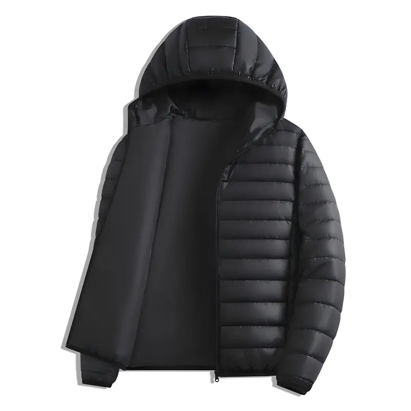 Men's Hooded Puffer Coat - Menswear Longsleeve Plain Retro Top, Fitted Zippered Fleece-Lined Lightweight Warm Winter Parka with Pockets for Outdoor Ski, Casual Outfits