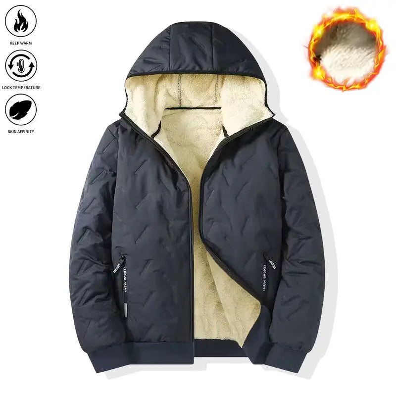 Men’s Basic Korean Woven Winter Hooded Jacket, Thick Warm Zip-Up Windproof Outerwear with Full Zipper Closure, Front Pockets, Suitable for Outdoor Sports, Commuting, Cold Weather Menswear Coats Long Sleeve Motocross Beige