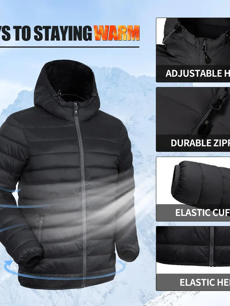 Pioneer Camp Men's Lightweight Packable Hooded Heated Puffer Jacket - Male Clothing, Windproof, Thermal Long Sleeve, Full Zip Front, 6-Pocket, Insulated, Breathable Bubble Cotton, Elastic Cuff Outerwear with Polyester Fill for Running, Travel