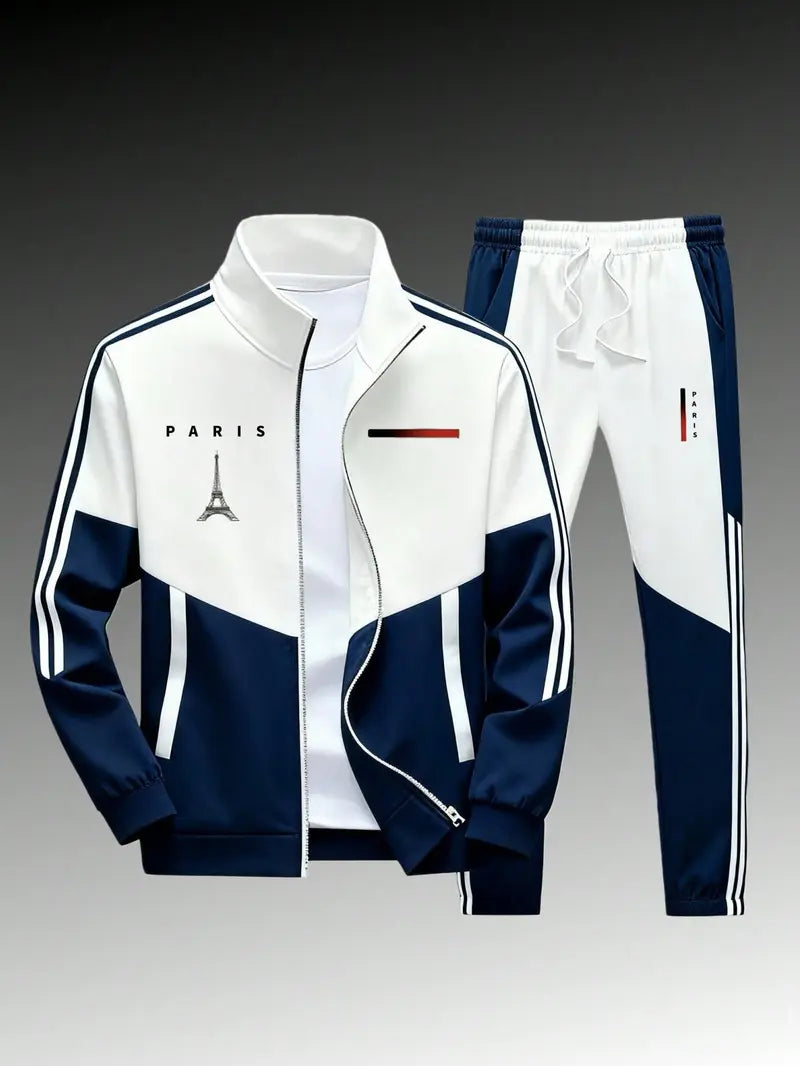 Men's 2-Piece Paris Logo Sportswear Set - Sports Outerwear Jacket & Jogging Pants, Geometric Print, Stand-Up Collar, Zipper Closure, Color-Matching Design, All-Season Streetwear Fashion Apparel Clothes Suits