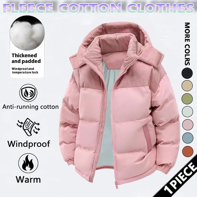 Men's Cotton Winter Coat Hooded Fleece-Lined Color-Block Jacket Casual Everyday Outerwear, Removable Hood, Windproof Padding, Thick Insulated, Anti-Running Cotton, Easy to Pair - Couples Style