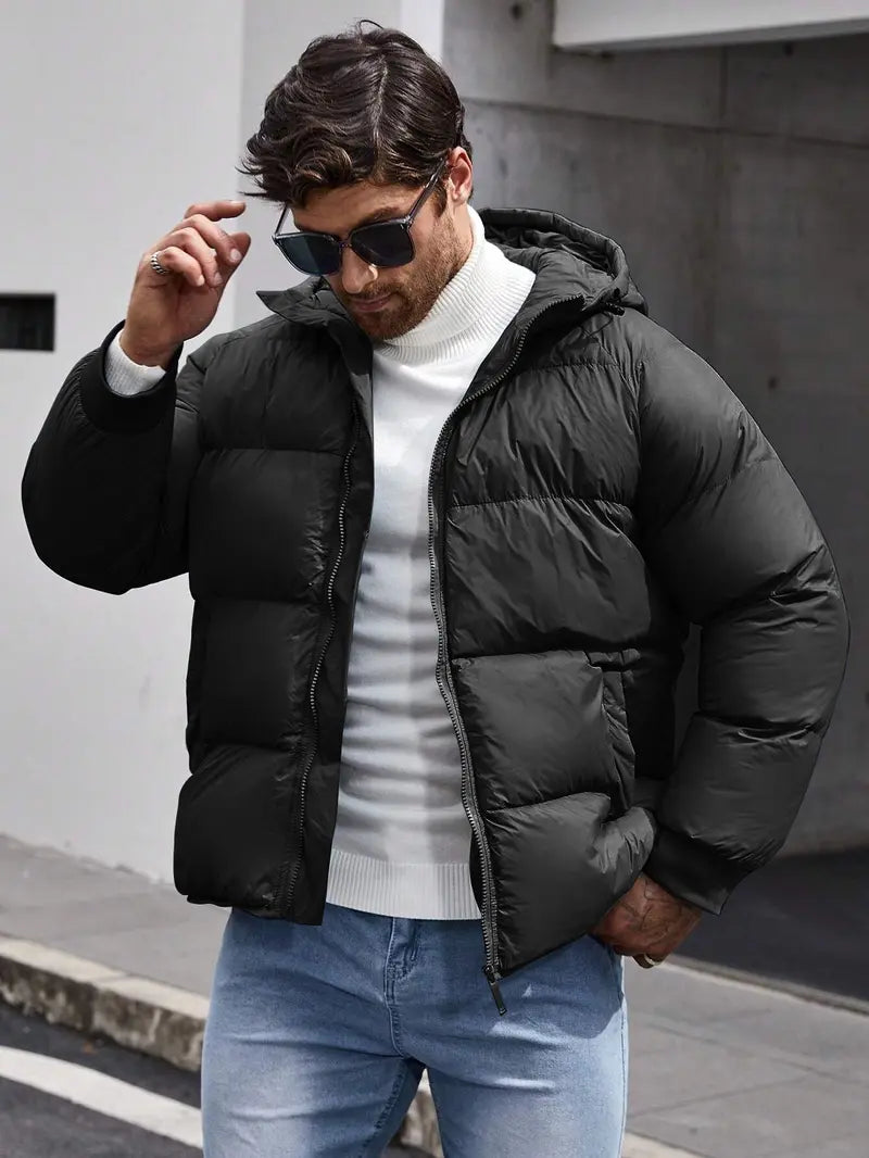 URMCZ Men's Regular-Fit Thick Warm Hooded Puffer Coat - Zip-Up, Long-Sleeve, Fitted, Outer Layer Style Keep Warm Real & Faux Fur Jacket, Padded Extra Coverage Winter Outerwear with Pocket, Casual Menswear for Oktoberfest, Beige/Black Boyfriend-Sty...