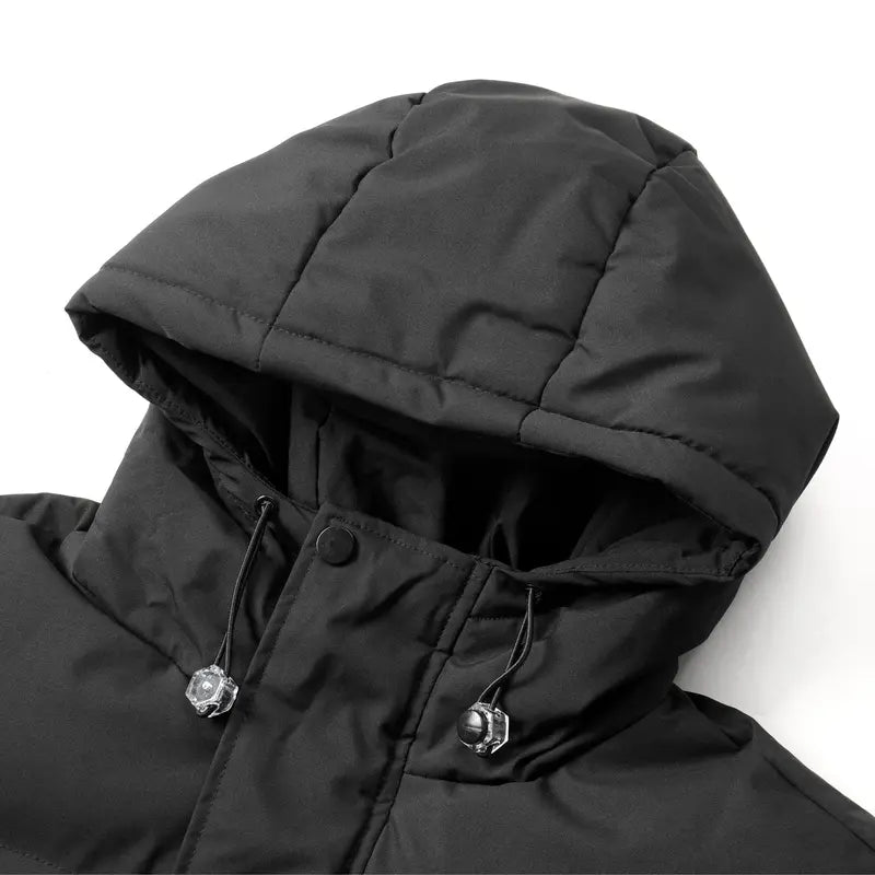 Men's Basic Casual Oversized Streetwear Hooded Down Jacket - Solid Color Polyester Winter Coat with Thickened Zipper, Patch Pockets