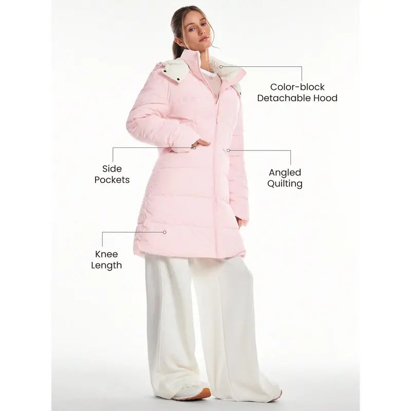 GLOWMODE Chic In Warmth Blizzard Flex Matte Soft Cozy Insulating Zipper Snap Button Closure Pockets Detachable Hood Hip-To-Mid-Knee Length Puffer Jacket Autumn Winter Outdoors Daily Casual Wear