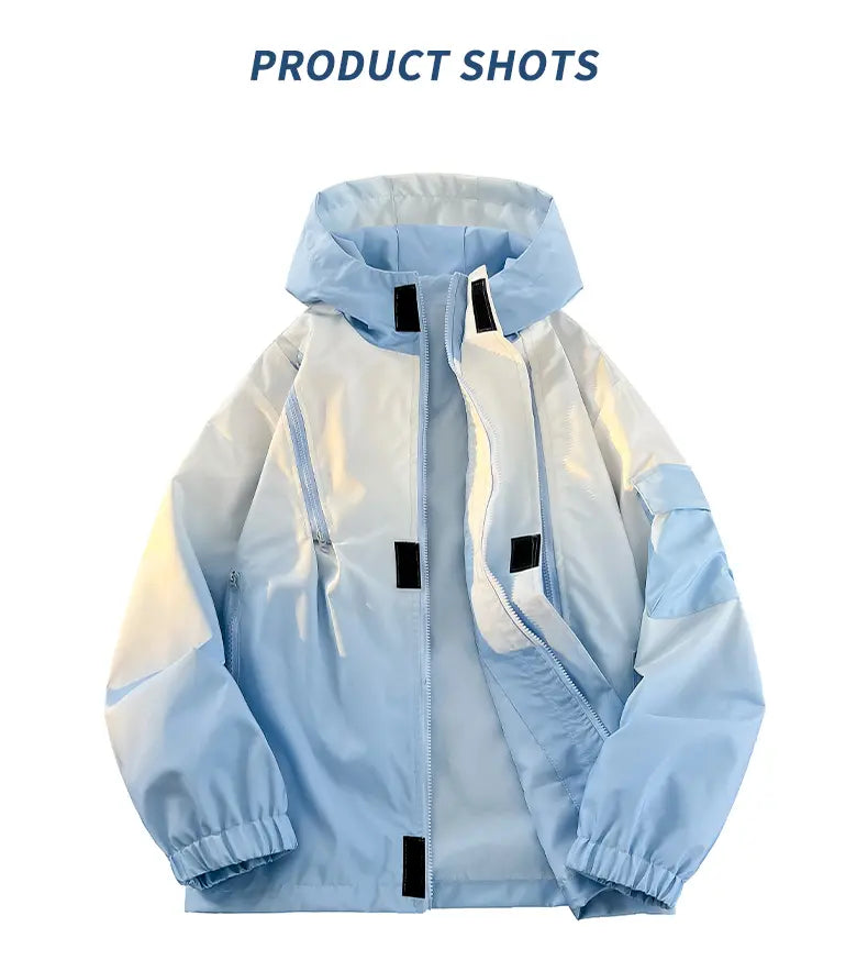 Men’s Gradient Long Sleeve Hooded Work Jacket - Polyester, Loose-Fit, Zip-Up, Multiple Pockets, Windproof, Casual Fashion Outerwear, Modern Style Lightweight Work Jackets, Zip Up Hoodies