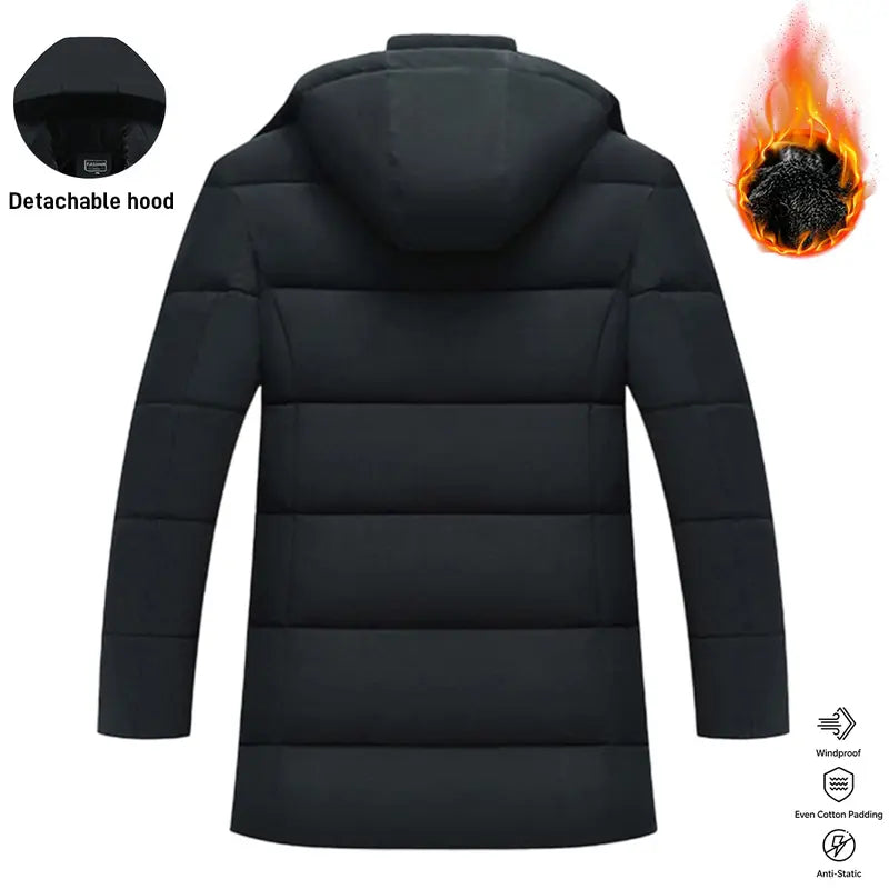 Men's Mid-Length Padded Casual Fashionable Jacket - Menswear Tops, Longsleeves, Detachable Hood, Windproof, Winter Warm-Lined, Plain Polyester, Pull-On, Lightweight Daily Outerwear
