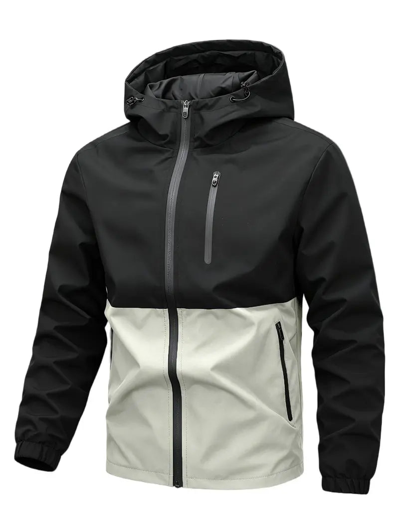 Men’s Color-Block Hooded Hardshell Coat - Tear-Resistant, Wear-Resistant Menswear with Contrast Zip, Multiple Waterproof Zippered Pockets, Adjustable Drawstring Hood, Long-Sleeve Outerwear for Autumn/Winter Mountaineering, Hiking