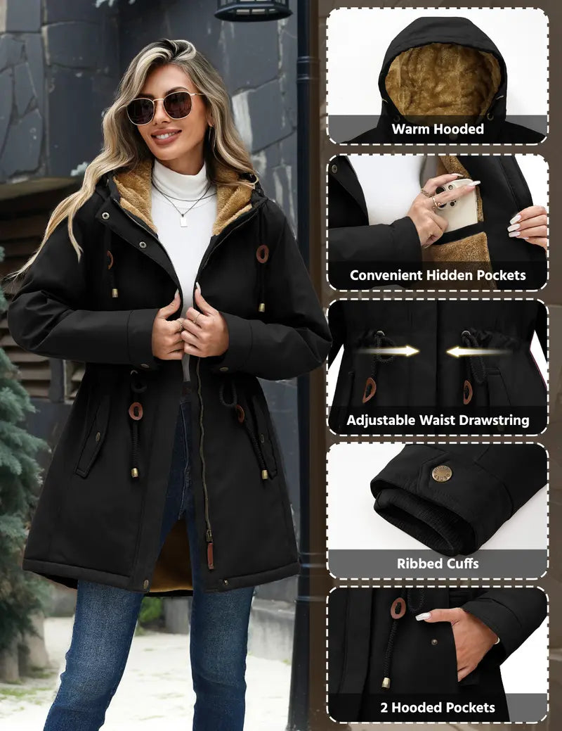 Parka Jacket Women Waterproof Fleece Lined Hooded Warm Winter Coat with Pockets for Daily Commute & Outdoor