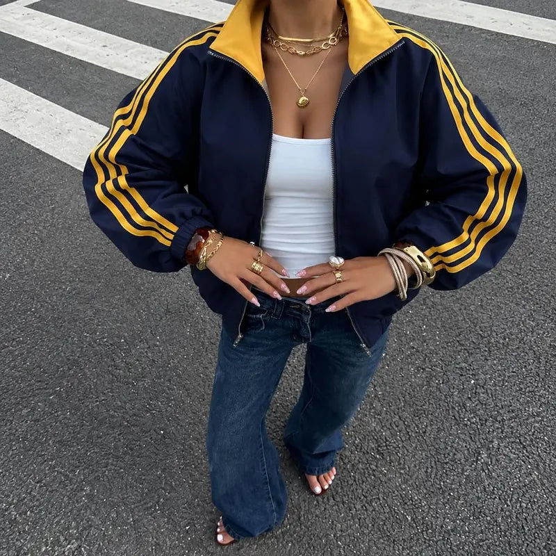 Women Reversible Zip Up Track Jacket, Striped Sleeve Stand Collar Windbreaker, Two Wear Ways Loose Drop Shoulder Outerwear, Elastic Cuffs Casual Athletic Coat, Lightweight Reversible Sport Jacket For Daily Streetwear, Shopping And Weekend Hangouts