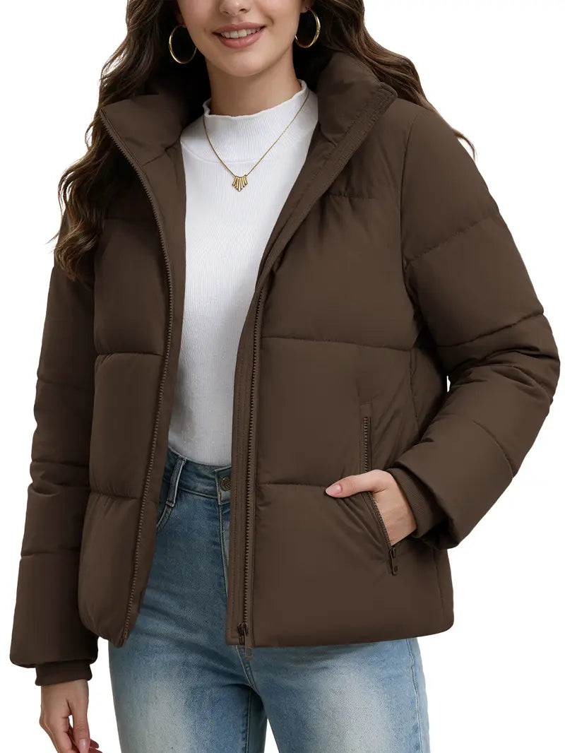 Women's Short Puffer Winter Jacket, Detachable Hood, SBS Zipper, Water Repellent 100% Polyester Fabric, Windproof Ribbed Cuffs, Secure Zip Pockets Casual Warm Outerwear for Daily Outdoor Wear