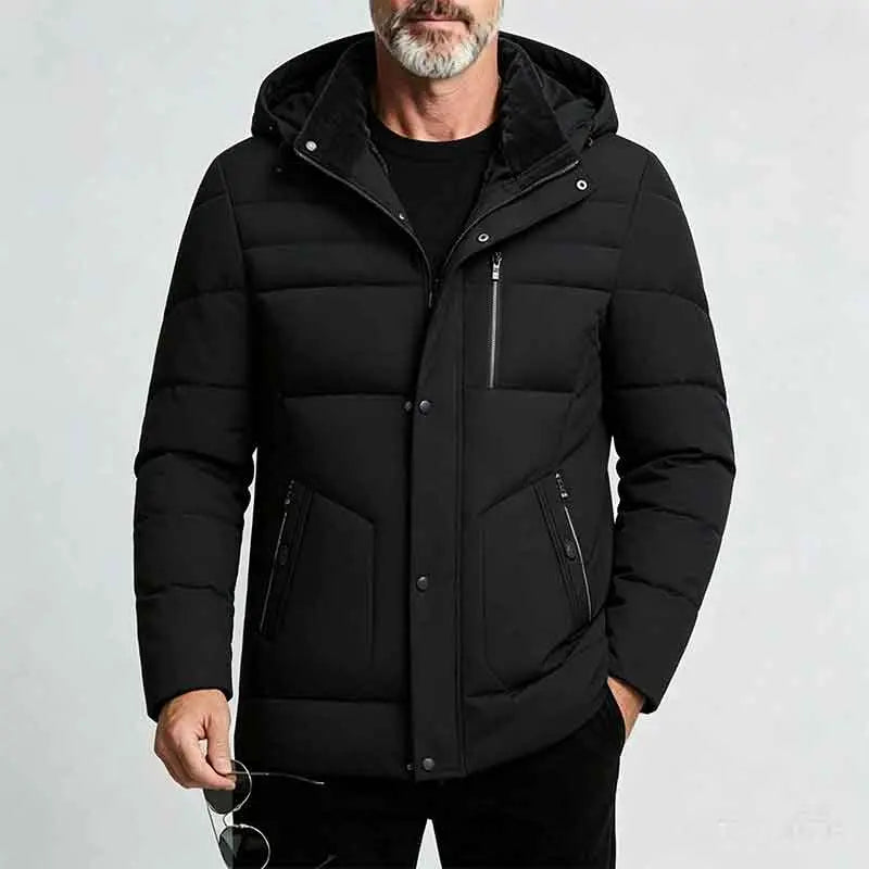 Men's Autumn Winter Mid-Length Hooded Down Coat - Quilted Outerwear Jacket, Coats for Casual Wear, Plain Design, Stylish Zipper-Button Front Closure, Multiple Zippered Pockets, Straight Cut, Casual Topstitching