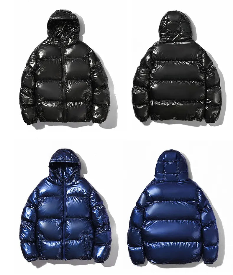 Mens Shiny Glossy Smooth Puffer Jacket - Zip-Up Hooded, Thick Cotton-Padded Menswear Garment, Ribbed, Windproof Thermal, Loose Fit, Clean Minimalist Stylish Casual Streetwear, Side Pockets for Cold Winter Comfort