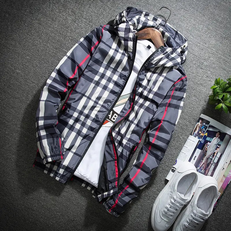 Men’s Spring Fall Lightweight Hooded Jacket, Zip-Up Windbreaker with Adjustable Drawstring, Stand Collar Option, Contrast Stripe Detail, Casual Plaid Outerwear in Khaki