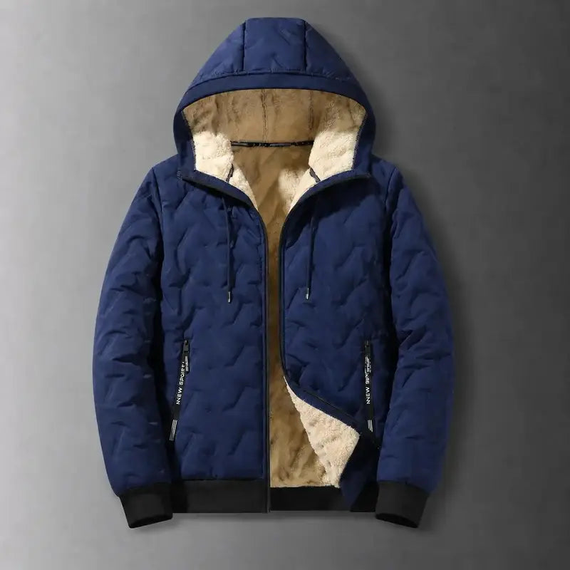 Men's winter jacket lined hooded jacket windproof and waterproof heavyweight outdoor warm jacket with safety zipper pocket high-performance filled bomb jacket lightweight geometric texture technology clothing black Sherpa Fleece