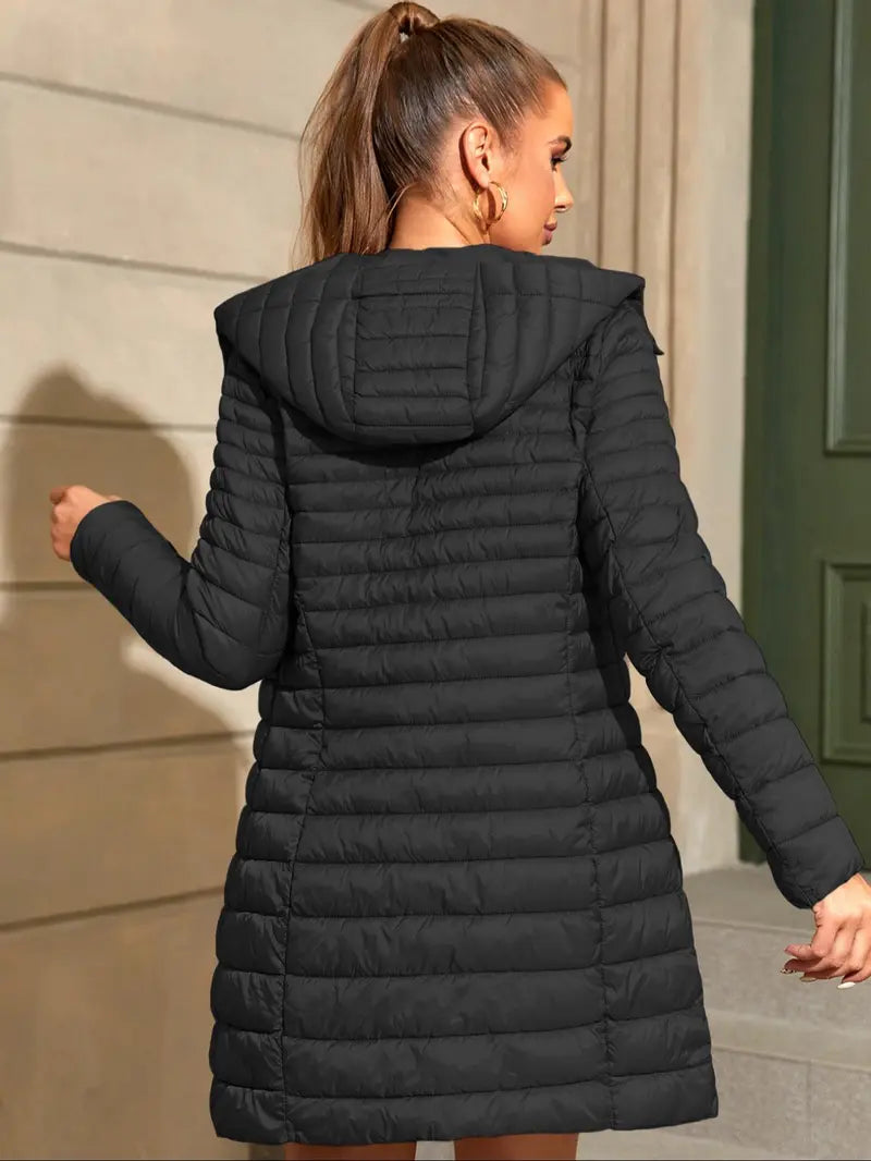 Women's Mid-Length Puffer Coat, Casual Hooded Top with Pockets and Buttons, Fall & Winter Warm Woven Outerwear, Lightweight Thick Fabric Womenswear