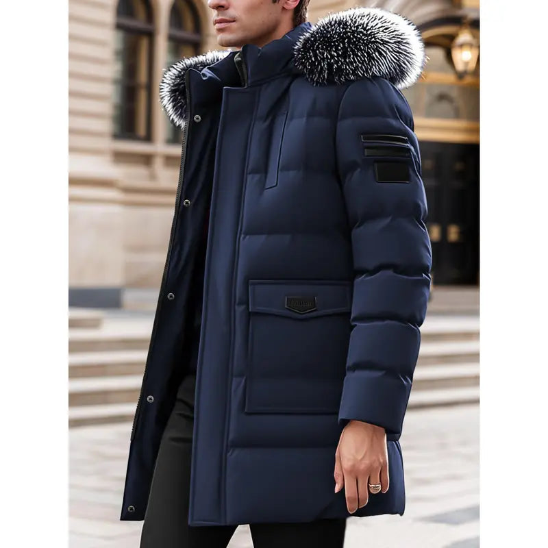 Men's Winter Heavy-duty Long Parka Coat, Thick and Warm Insulation, Detachable Faux Fur Hood Pocket with Large Pocket, Suitable for Skiing and Commuting